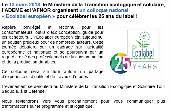 SAVE THE DATE : Colloque national Ecolabel européen, 13 mars 2018 !